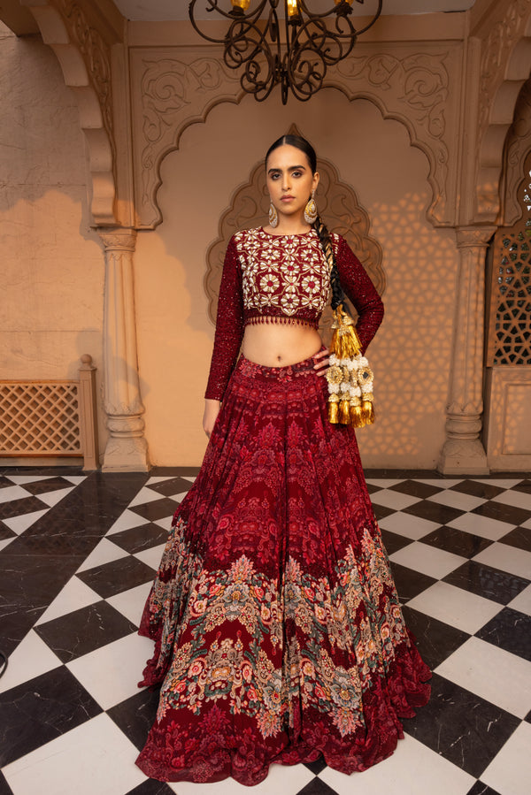 PLUM JEWEL PRINTED LEHENGA WITH EMBROIDERED BLOUSE AND DUPATTA