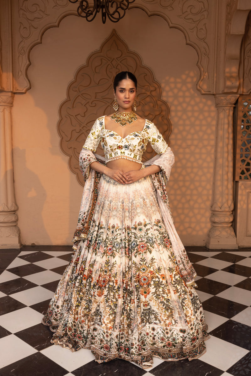 IVORY JEWEL PRINTED LEHENGA WITH EMBROIDERED BLOUSE AND DUPATTA