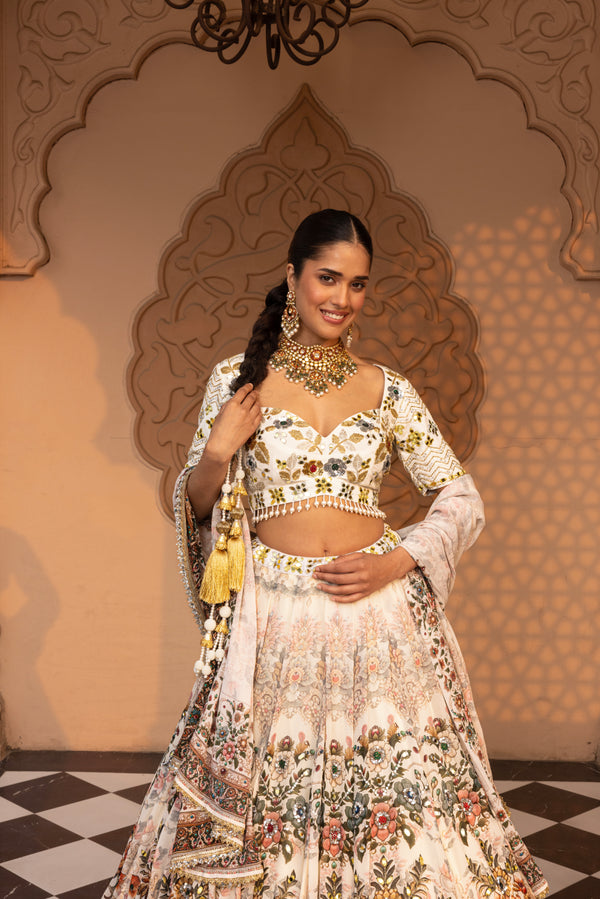 IVORY JEWEL PRINTED LEHENGA WITH EMBROIDERED BLOUSE AND DUPATTA