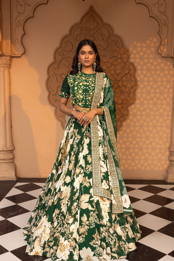 GREEN FLORAL PRINTED LEHENGA WITH EMBROIDERED BLOUSE AND DUPATTA