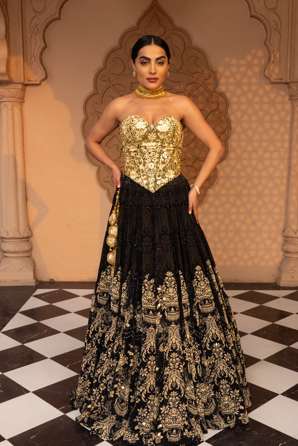BLACK PRINTED LEHENGA WITH EMBROIDERED CORSET BLOUSE AND DUPATTA