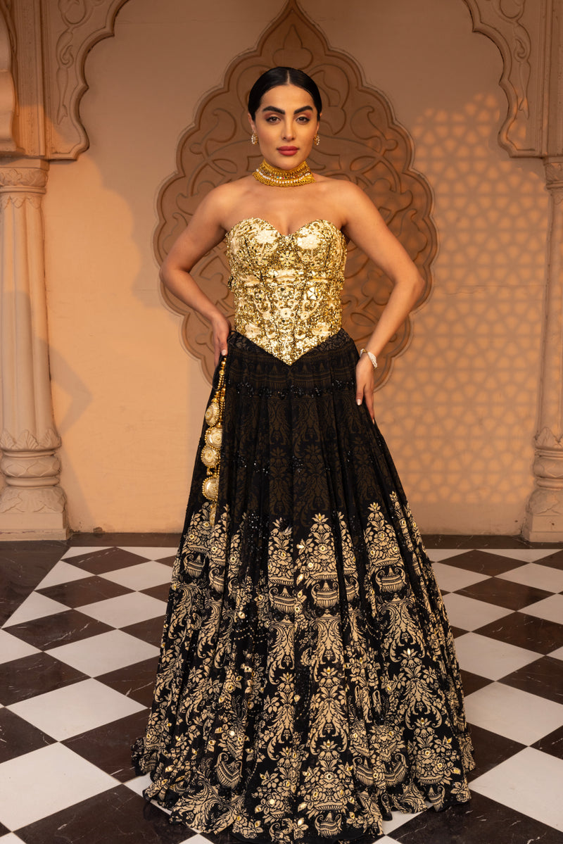 BLACK PRINTED LEHENGA WITH EMBROIDERED CORSET BLOUSE AND DUPATTA