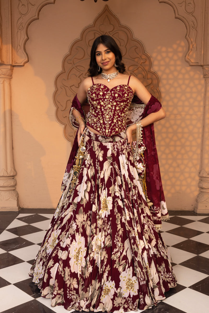 PLUM FLORAL PRINTED LEHENGA WITH EMBROIDERED CORSET BLOUSE AND DUPATTA