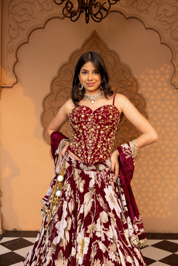 PLUM FLORAL PRINTED LEHENGA WITH EMBROIDERED CORSET BLOUSE AND DUPATTA