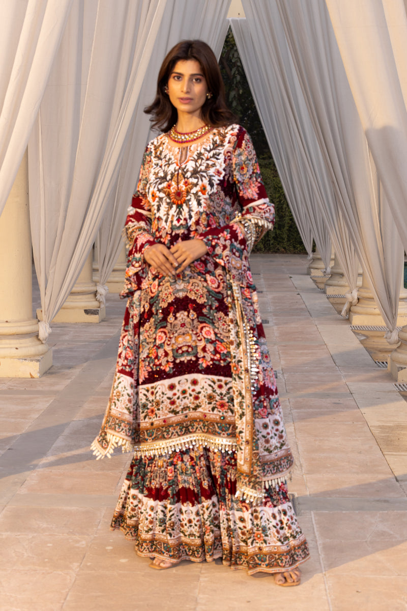 PLUM JEWEL PRINTED SHARARA SET