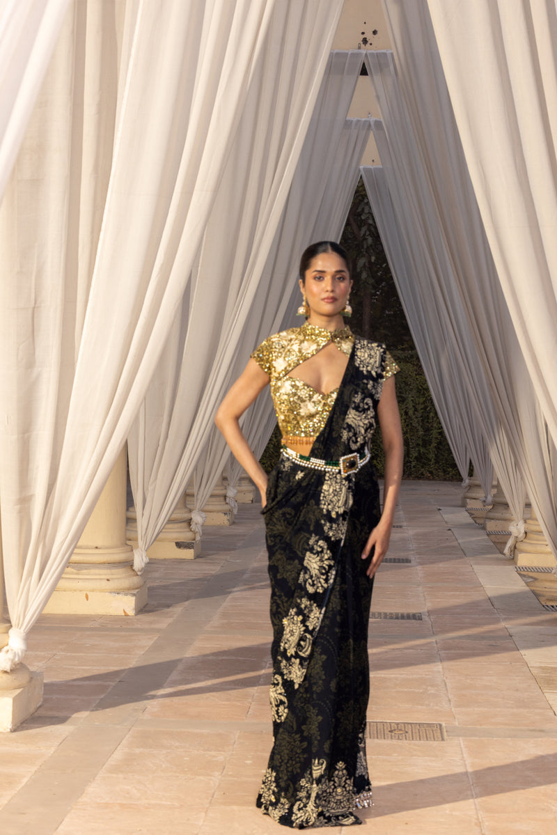 BLACK AND IVORY PRINTED STITCHED SAREE WITH EMBROIDERED BLOUSE