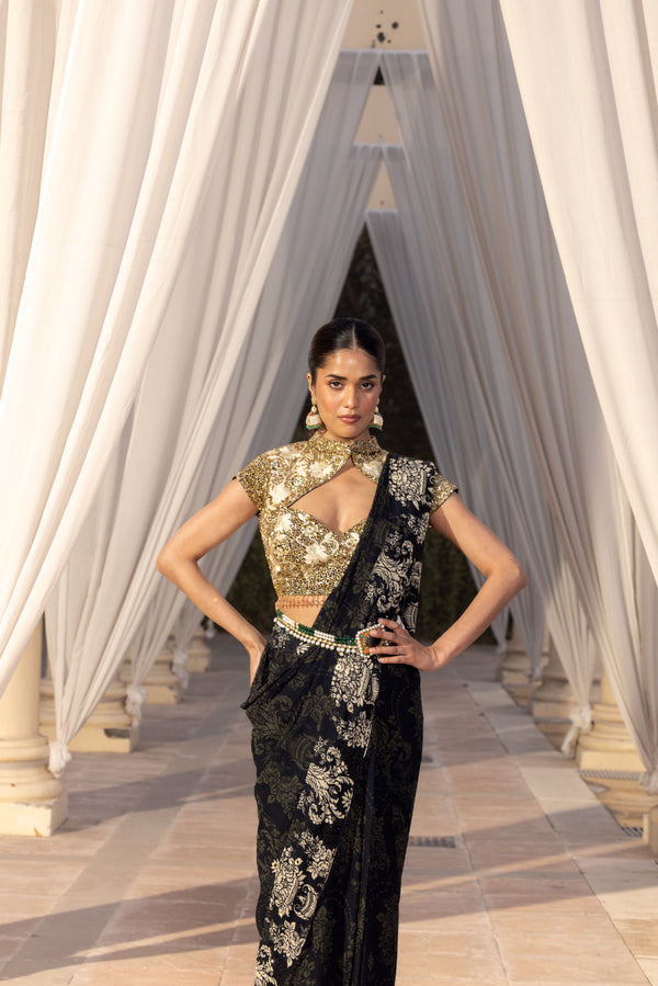 BLACK AND IVORY PRINTED STITCHED SAREE WITH EMBROIDERED BLOUSE