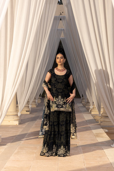 BLACK AND IVORY PRINTED SHARARA SET