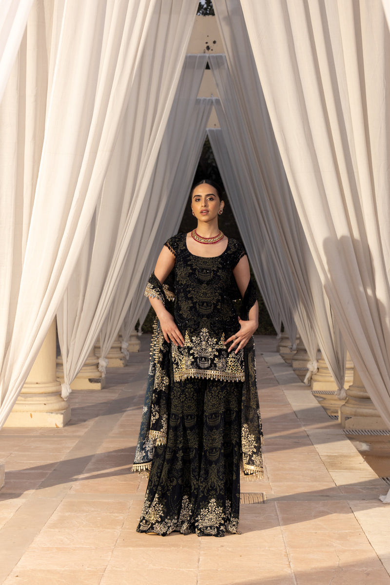 BLACK AND IVORY PRINTED SHARARA SET