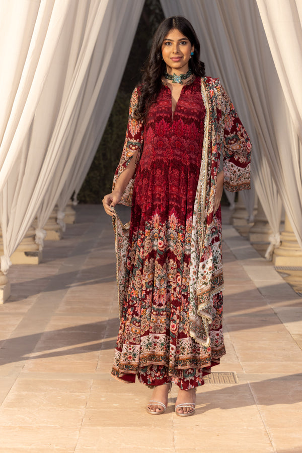 PLUM JEWEL PRINTED KALIDAR ANARKALI SET