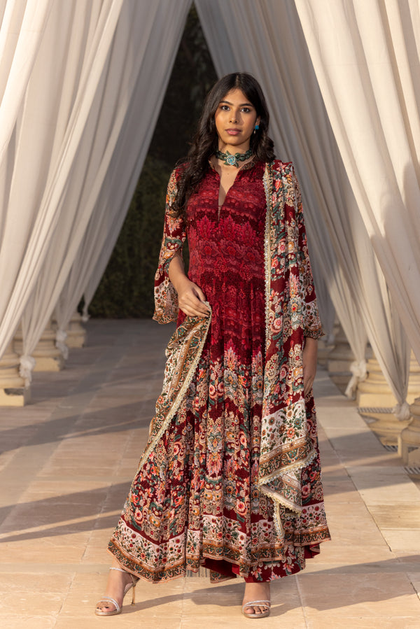 PLUM JEWEL PRINTED KALIDAR ANARKALI SET