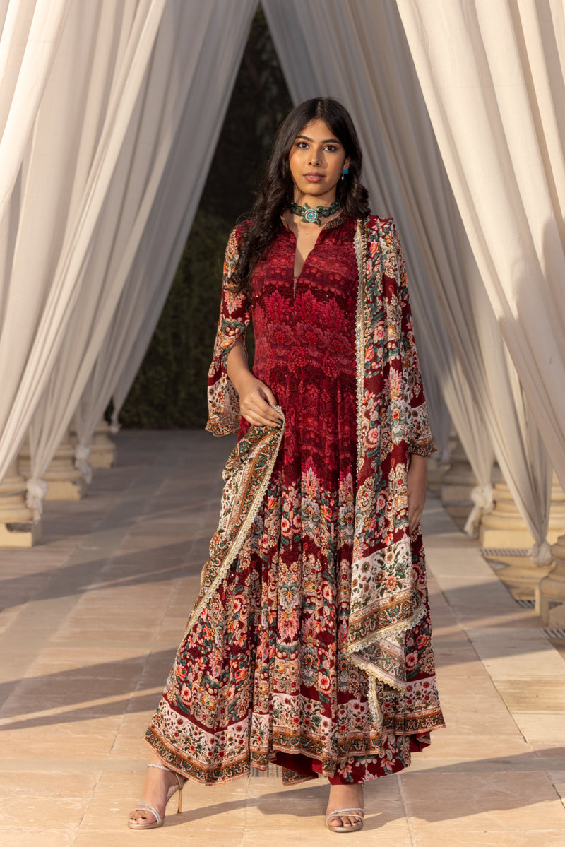 PLUM JEWEL PRINTED KALIDAR ANARKALI SET