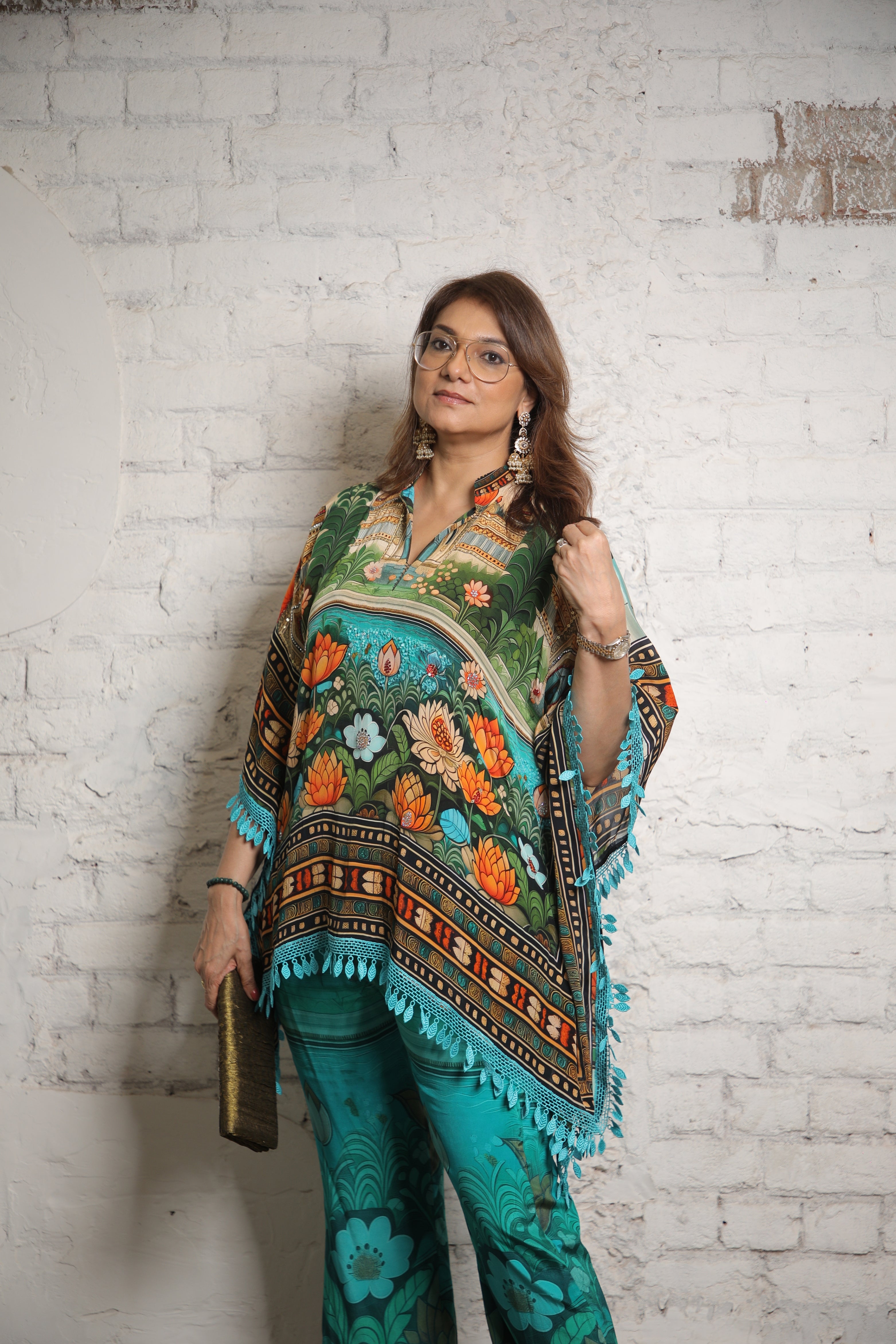 TEAL LOTUS PRINTED KAFTAN TOP AND PANTS