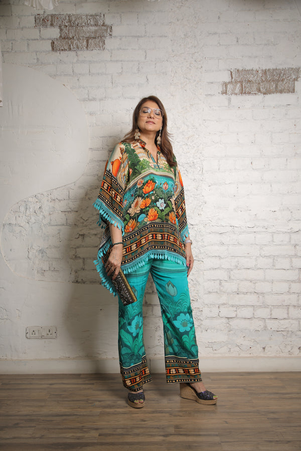 TEAL LOTUS PRINTED KAFTAN TOP AND PANTS