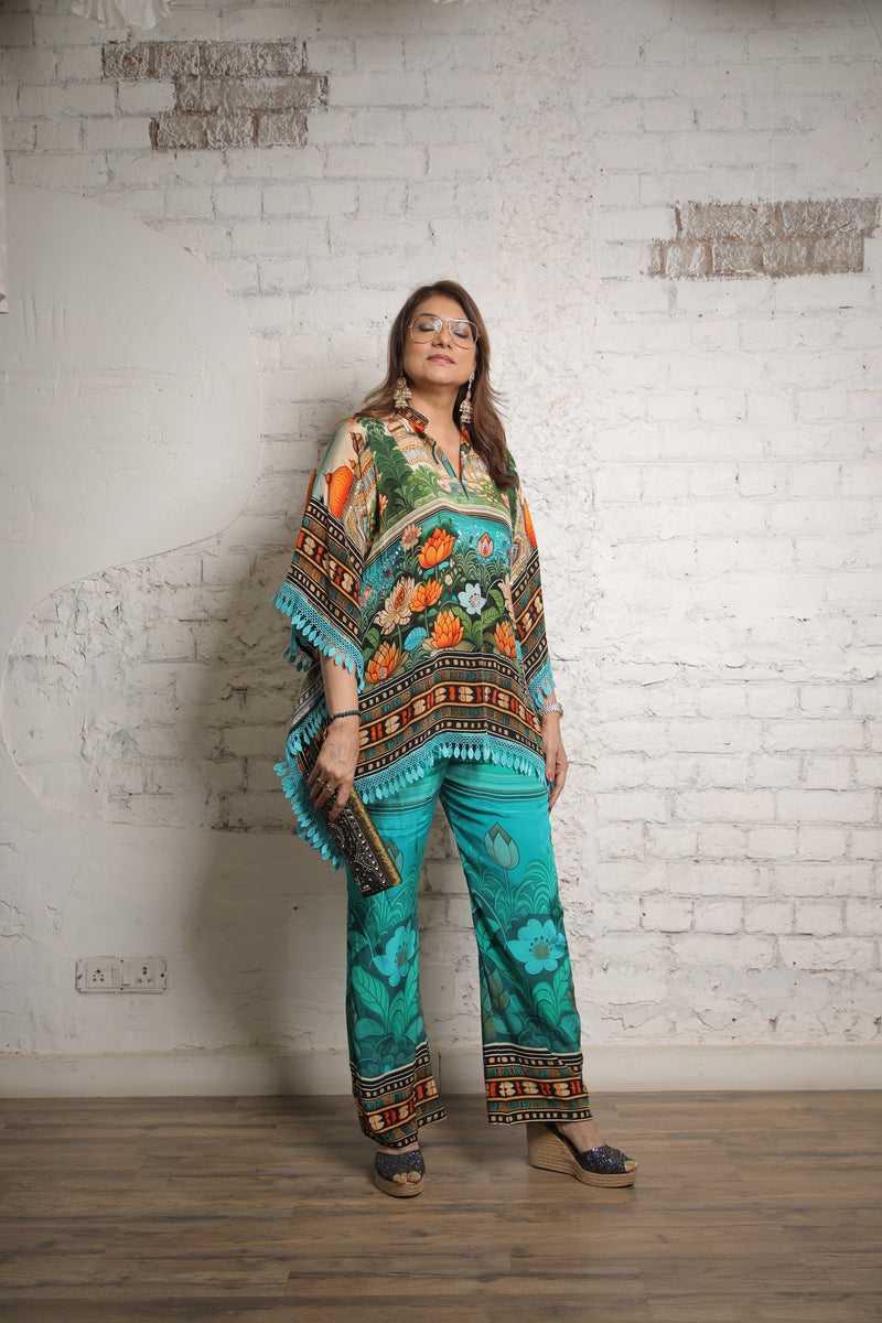 TEAL LOTUS PRINTED KAFTAN TOP AND PANTS