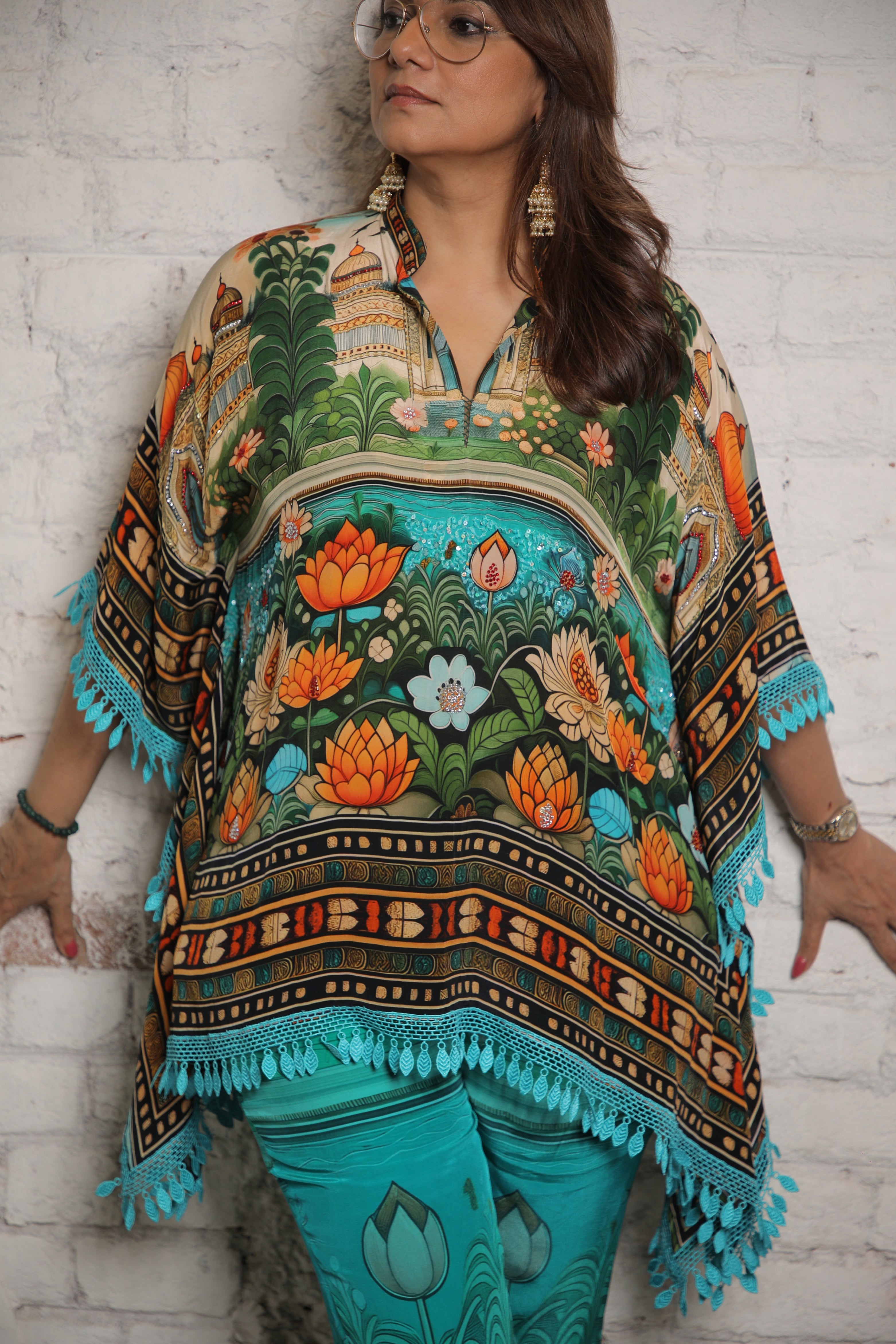 TEAL LOTUS PRINTED KAFTAN TOP AND PANTS