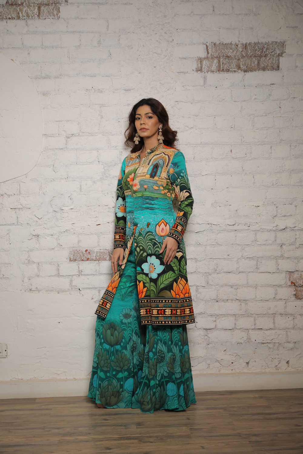 TEAL LOTUS PRINTED STRAIGHT JACKET AND FLARE PANTS