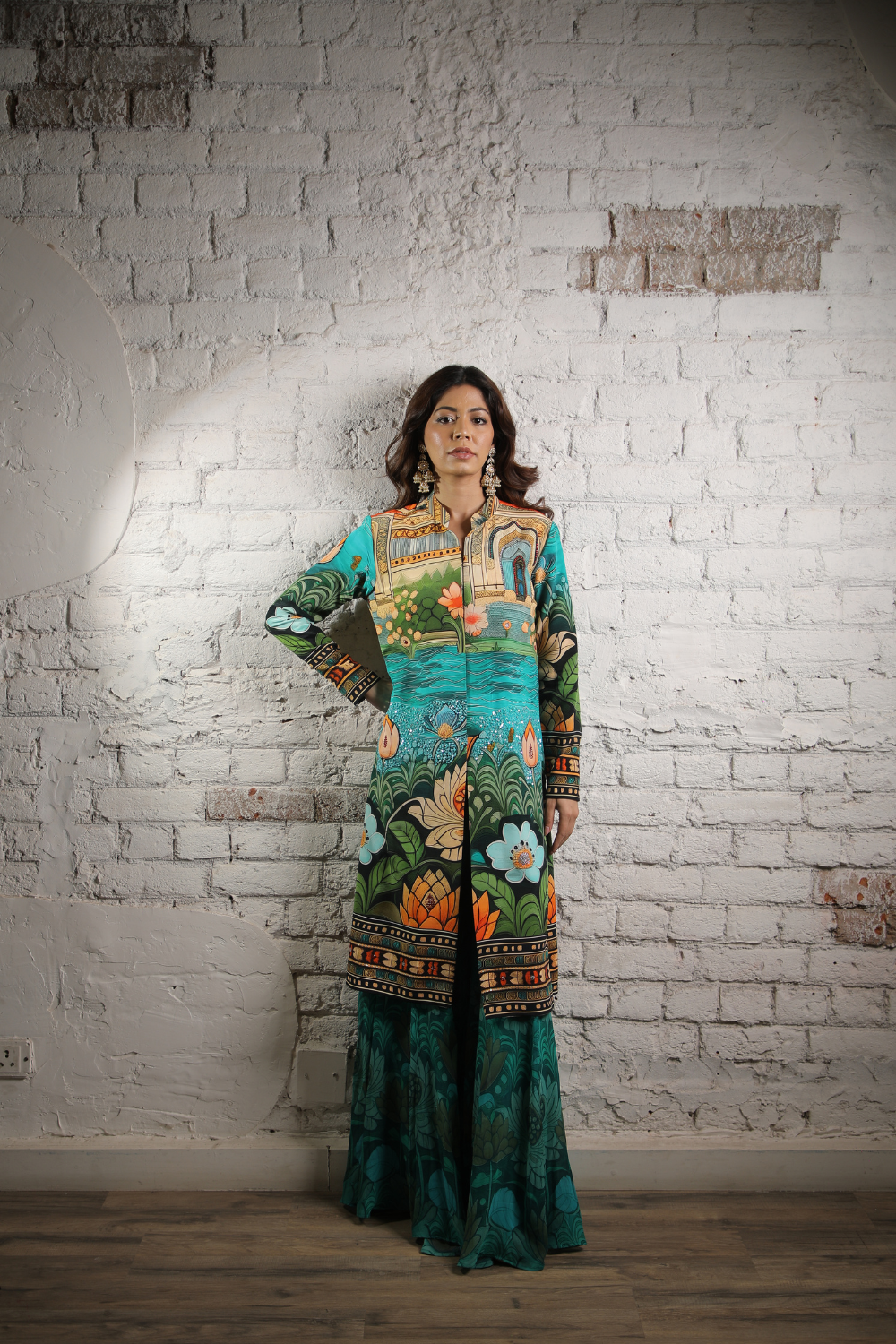 TEAL LOTUS PRINTED STRAIGHT JACKET AND FLARE PANTS