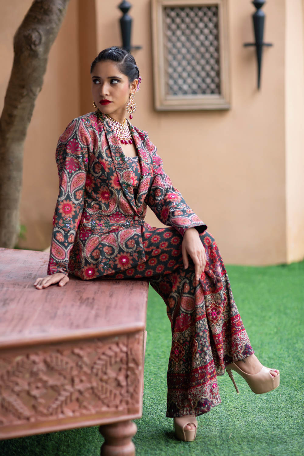 RED & GREEN PRINTED PANT SUIT