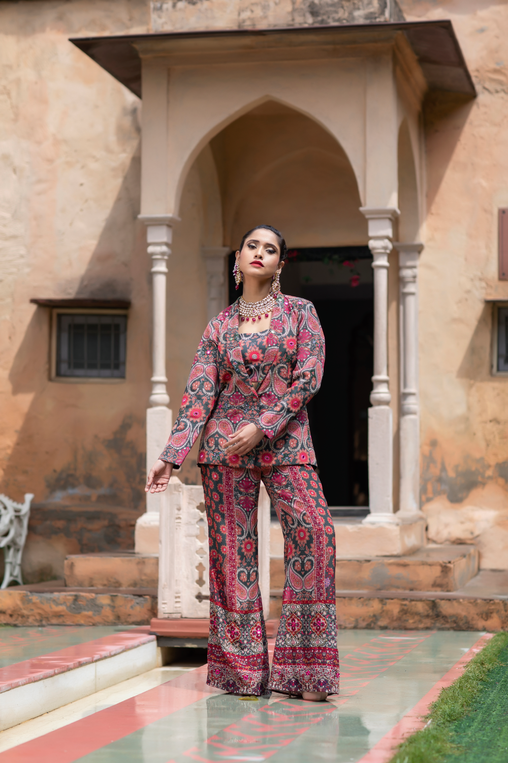 RED & GREEN PRINTED PANT SUIT