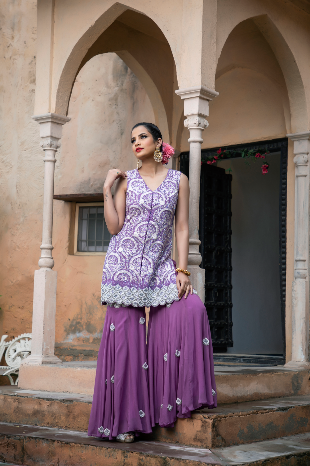 LAVENDER HEAVY EMBROIDERED KURTA WITH SHARARA