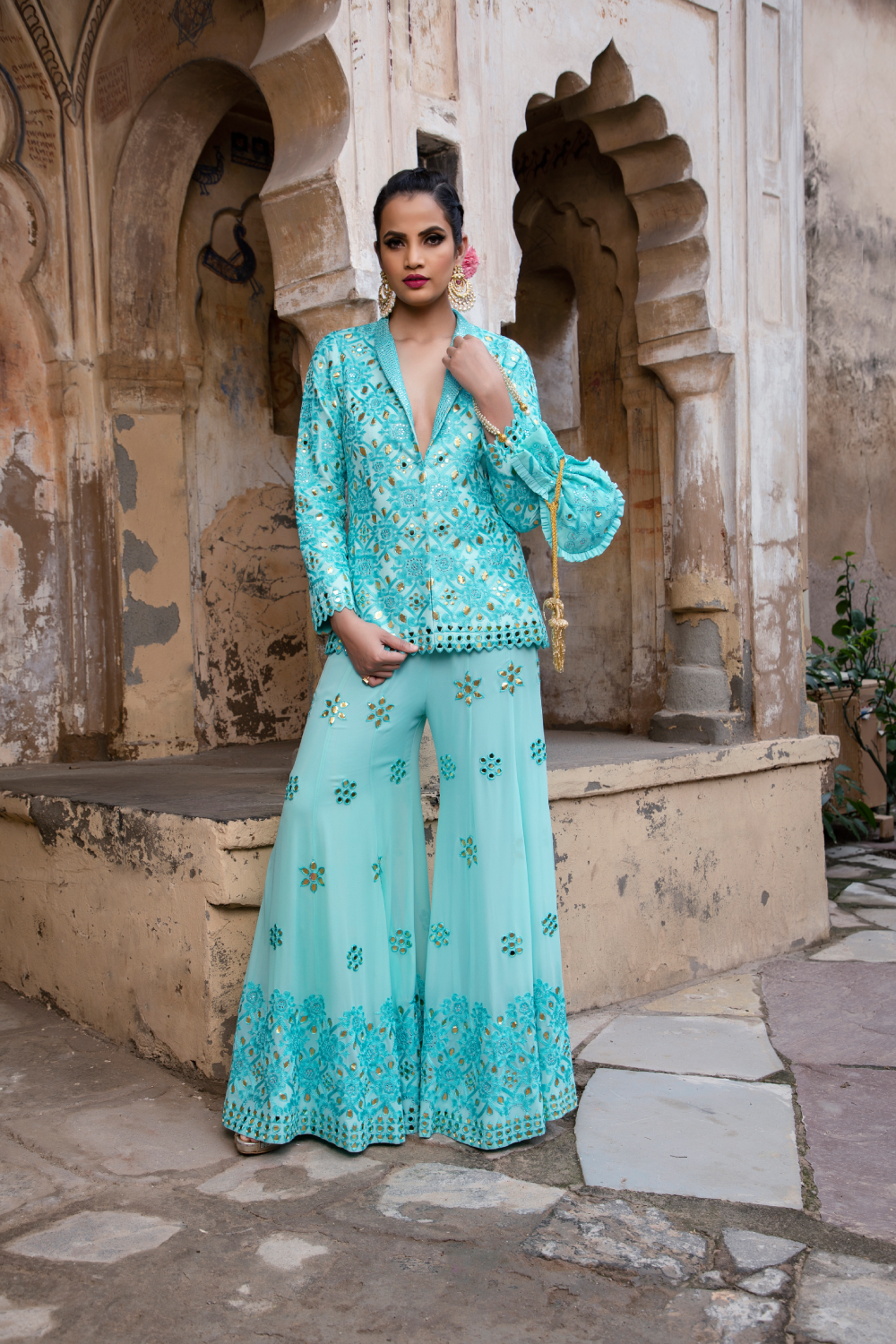 TURQUOISE GOTA PATTI EMBROIDERED BLAZER WITH FLARE PANTS & POTLI BAG