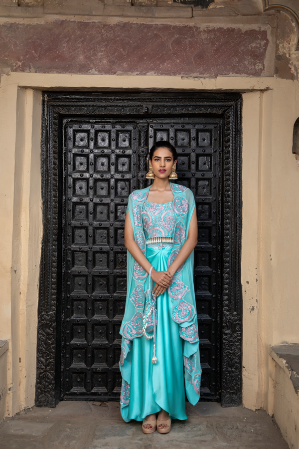 TURQUOISE & PINK CAPE ,BUSTIER WITH SATIN DHOTI & POTLI BAG