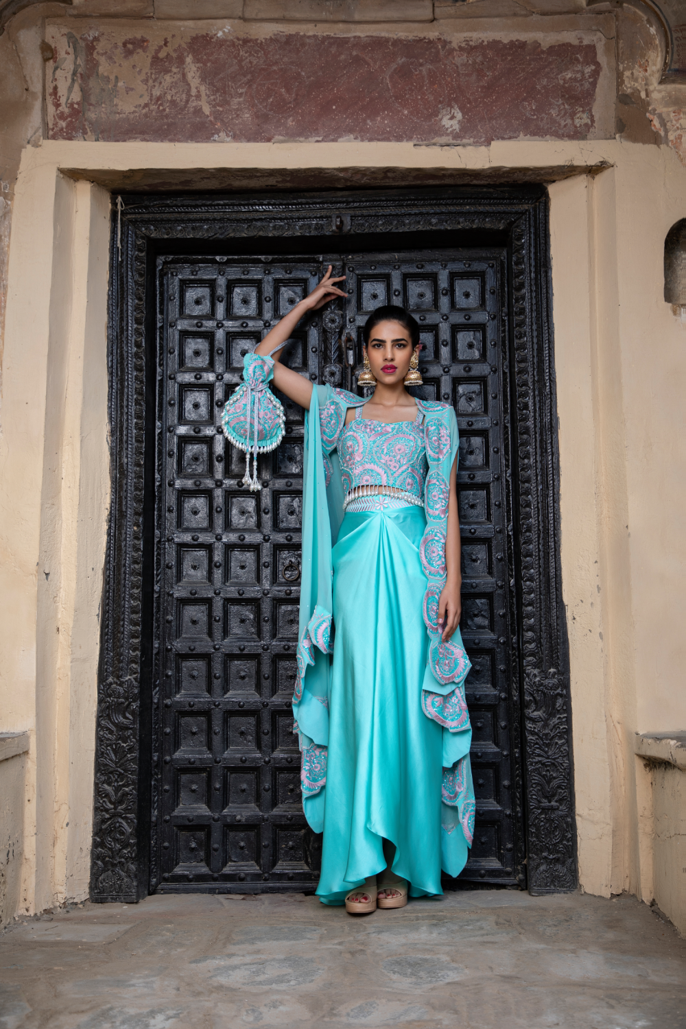 TURQUOISE & PINK CAPE ,BUSTIER WITH SATIN DHOTI & POTLI BAG