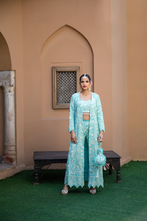 TURQUOISE & IVORY EMBROIDERED LONG JACKET WITH BUSTIER,PANT & POTLI BAG