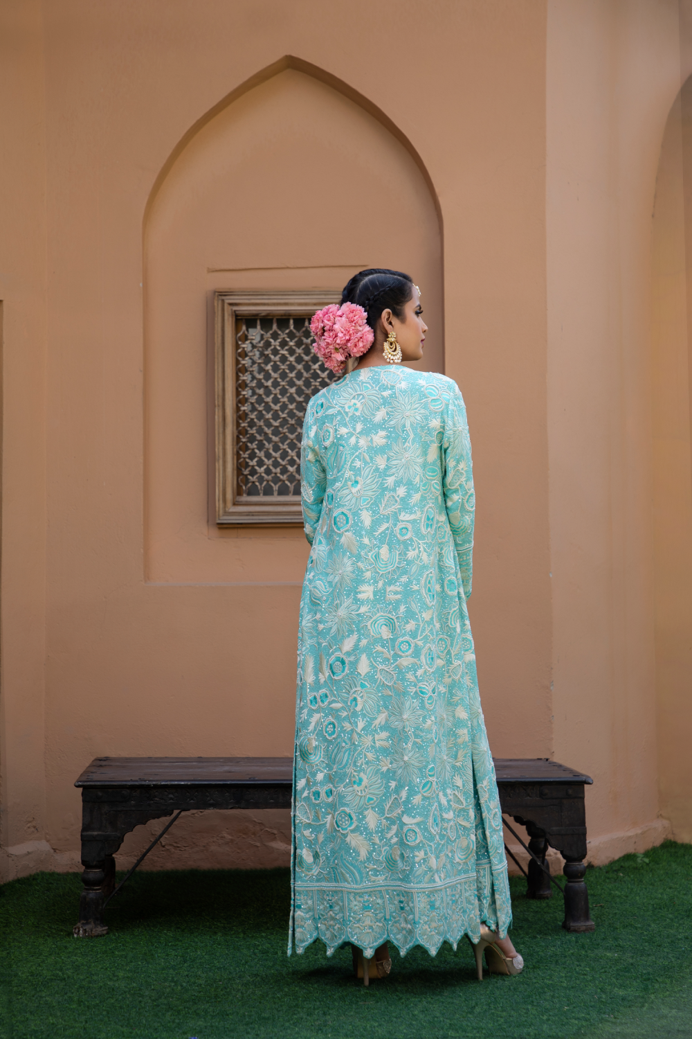 TURQUOISE & IVORY EMBROIDERED LONG JACKET WITH BUSTIER,PANT & POTLI BAG