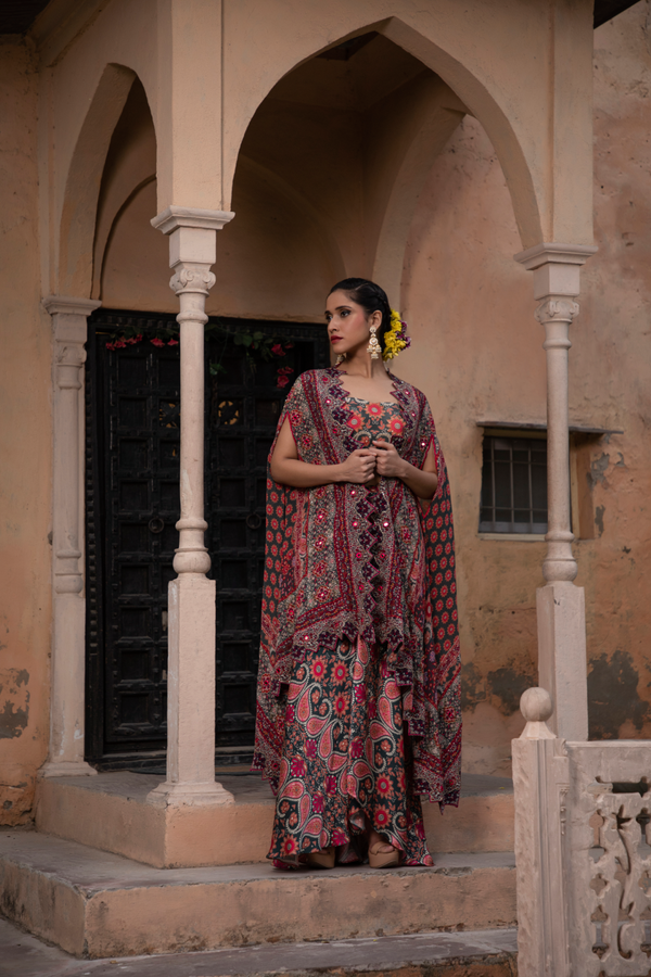 RED & GREEN PRINTED CAPE,BUSTIER AND DHOTI