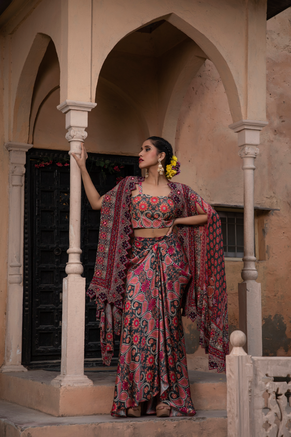 RED & GREEN PRINTED CAPE,BUSTIER AND DHOTI