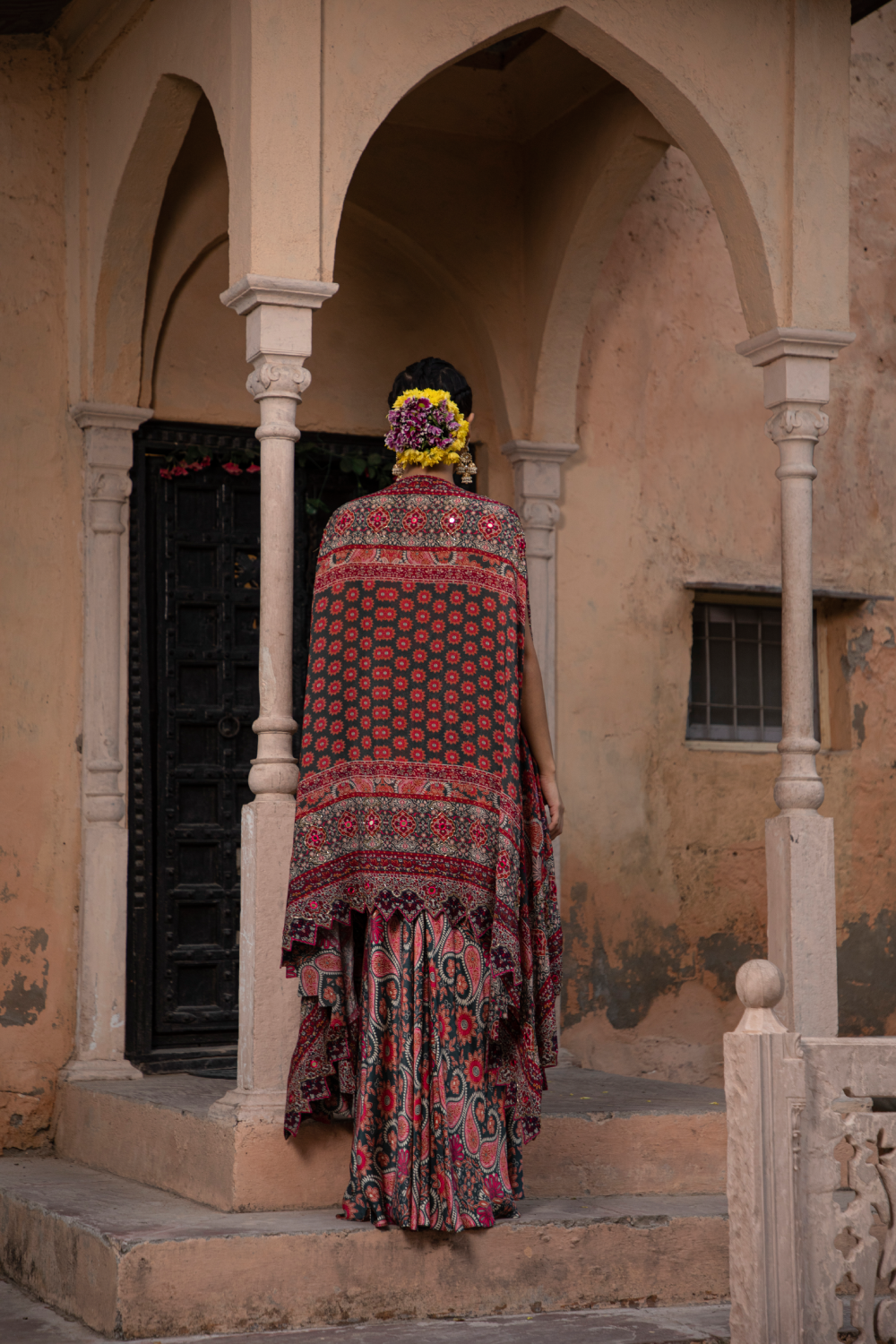 RED & GREEN PRINTED CAPE,BUSTIER AND DHOTI