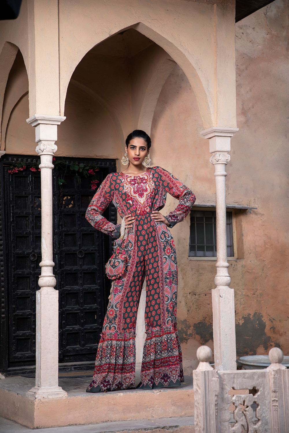 RED & GREEN PRINTED JUMPSUIT WITH POTLI BAG