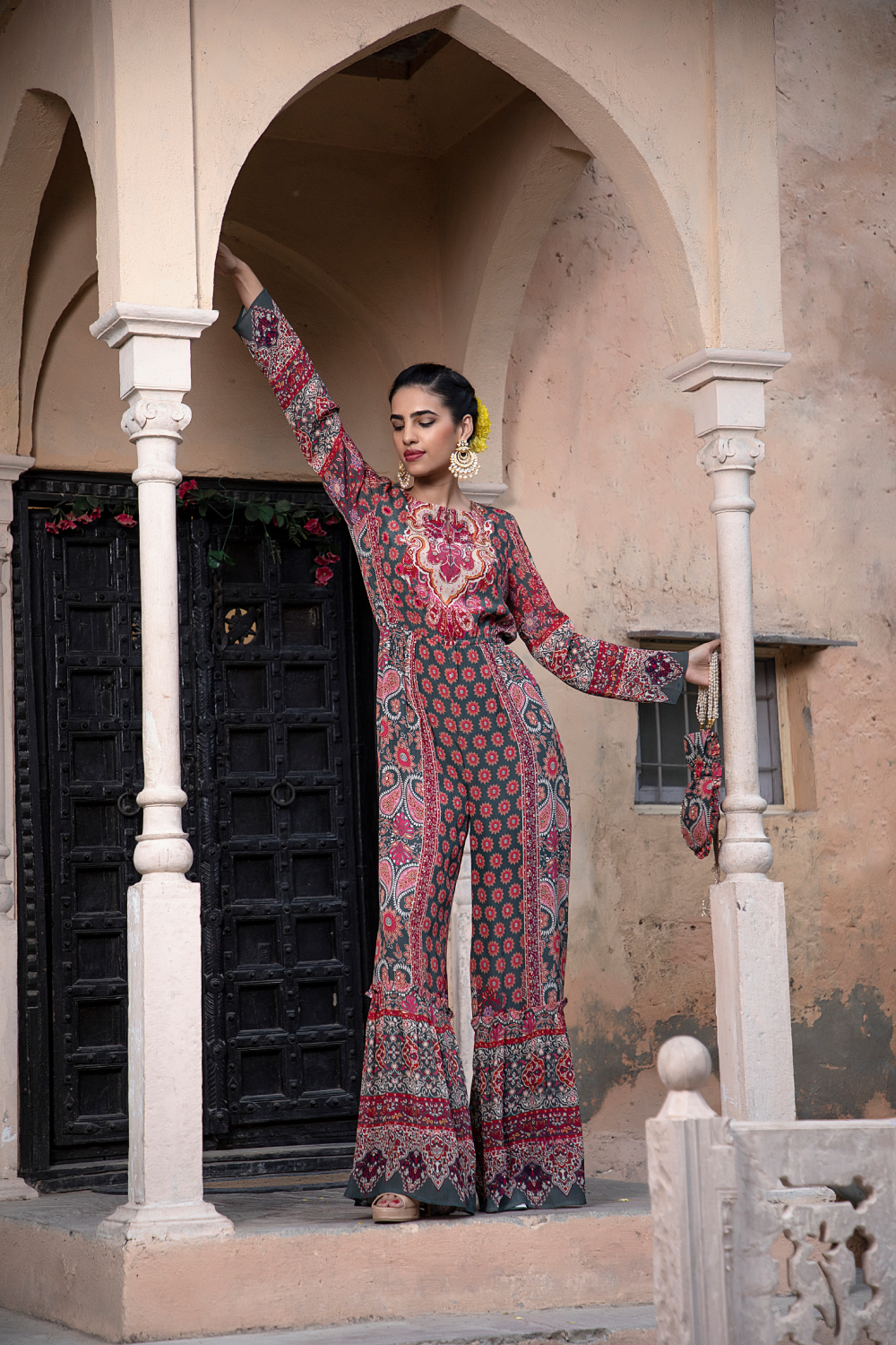 RED & GREEN PRINTED JUMPSUIT WITH POTLI BAG