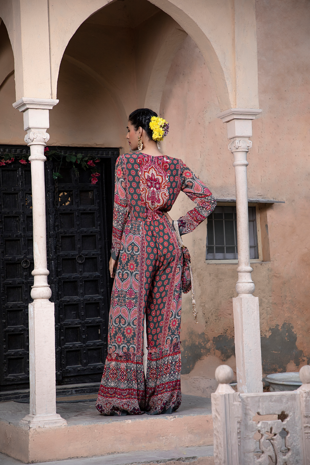 RED & GREEN PRINTED JUMPSUIT WITH POTLI BAG