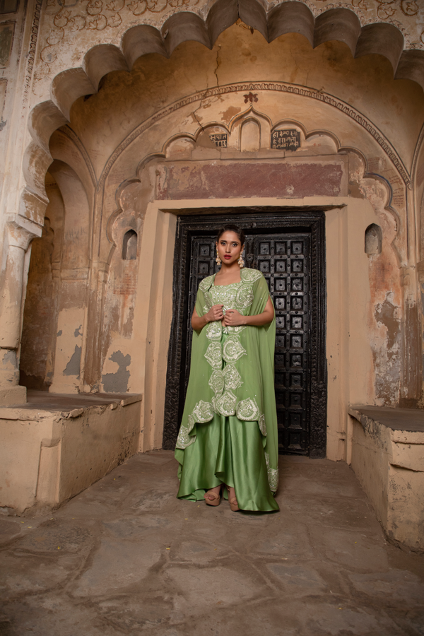 PISTA GREEN  & IVORY EMBROIDERED CAPE,BUSTIER WITH DHOTI