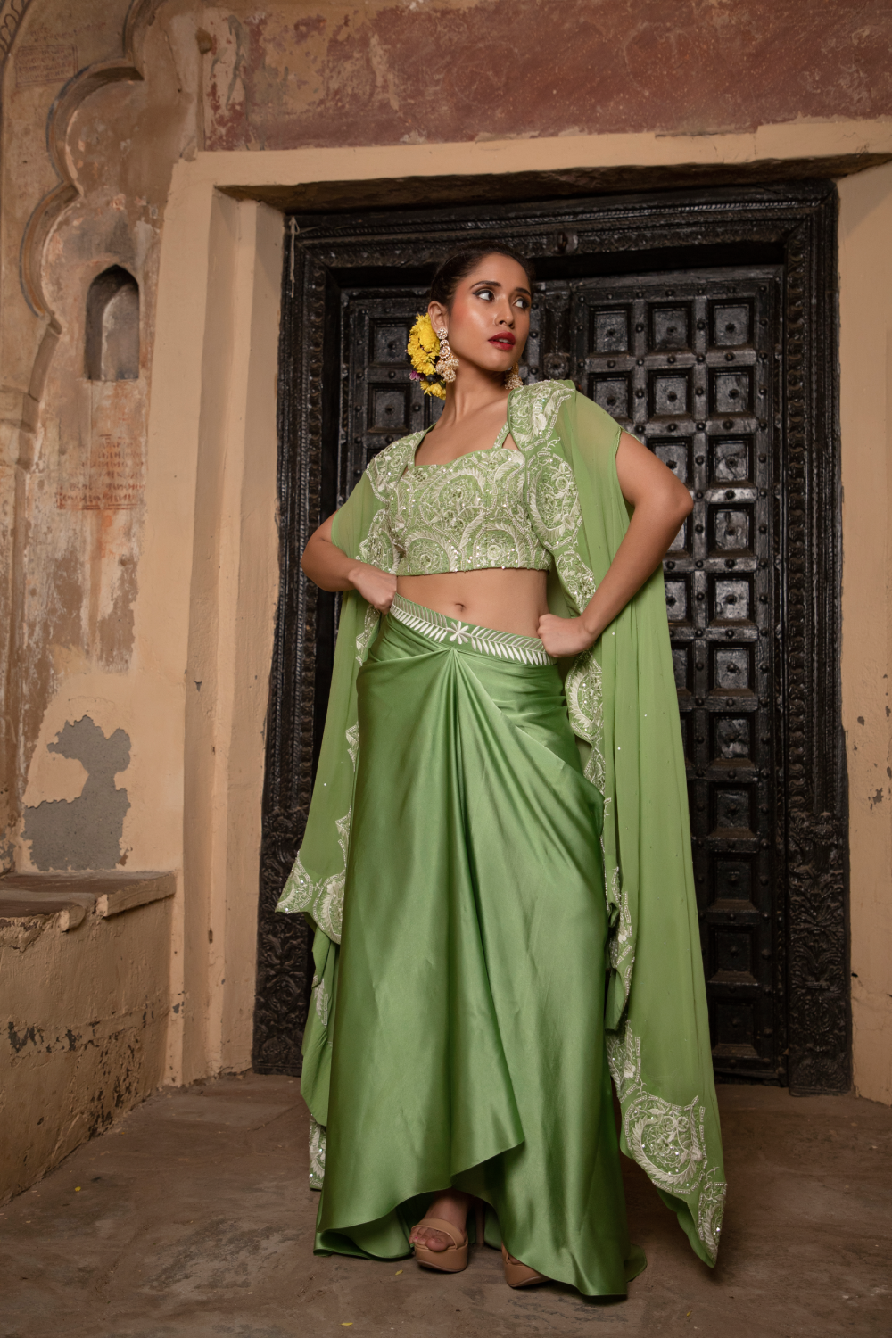 PISTA GREEN  & IVORY EMBROIDERED CAPE,BUSTIER WITH DHOTI