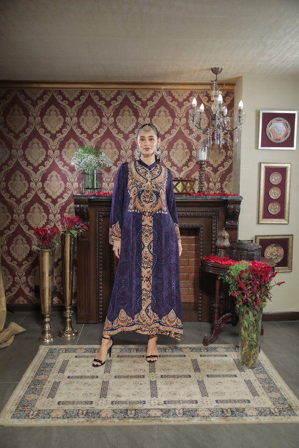 PURPLE JEWEL PRINTED TUNIC WITH CAPE CREPE