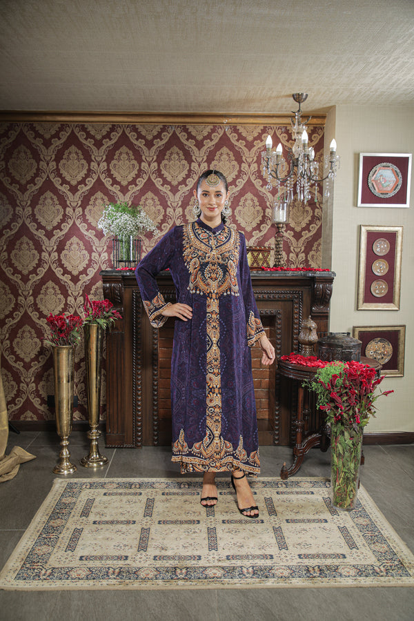 PURPLE JEWEL PRINTED TUNIC WITH CAPE CREPE