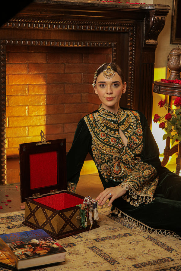 DARK GREEN JEWEL PRINTED VELVET A-LINE KURTA
