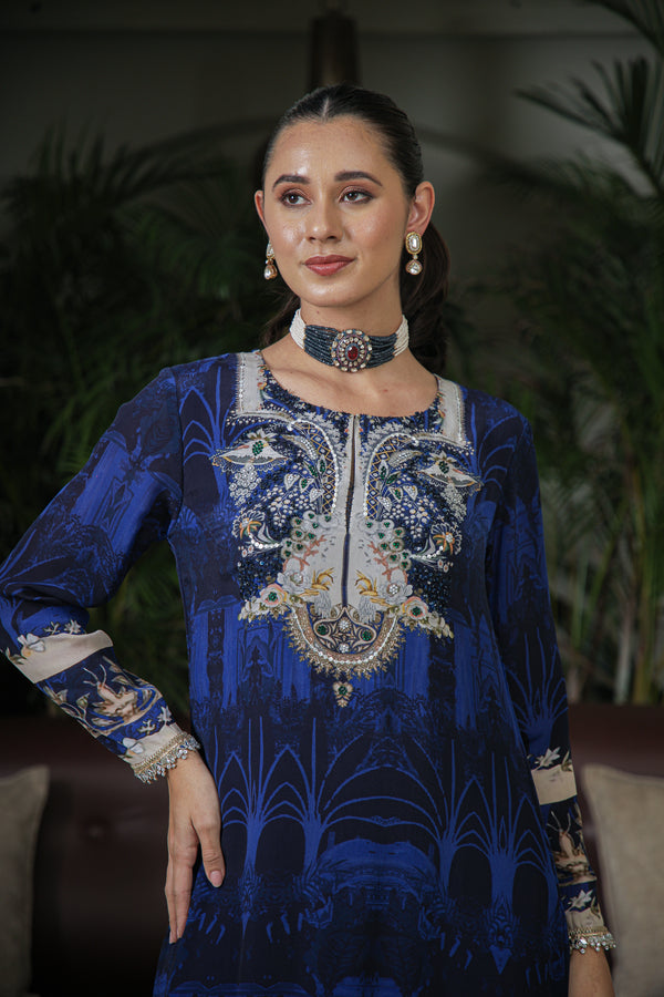 DEEP BLUE DIGITAL PRINTED A-LINE LONG KURTA