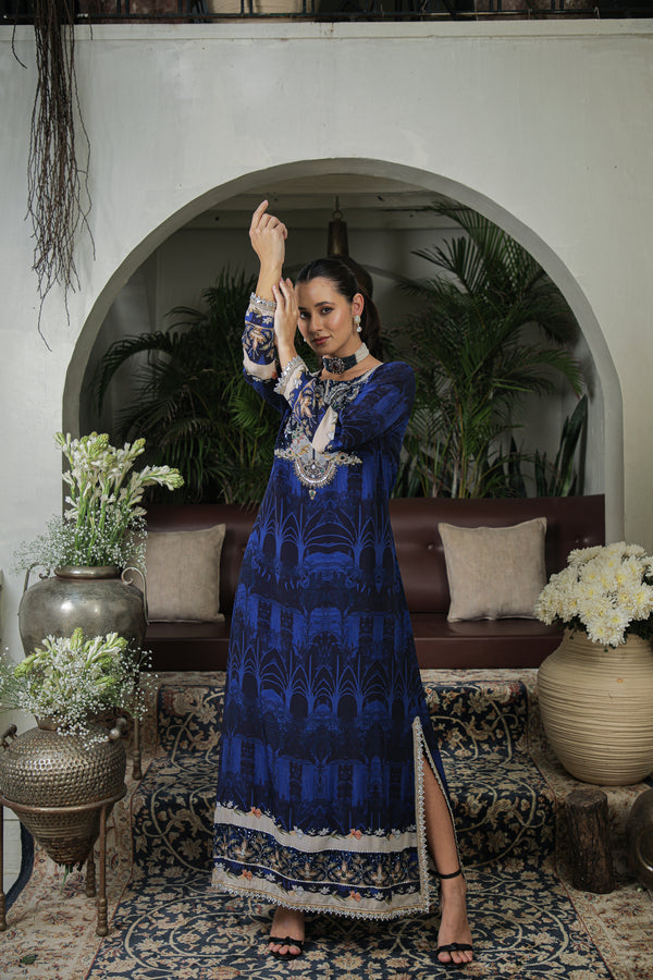 DEEP BLUE DIGITAL PRINTED A-LINE LONG KURTA