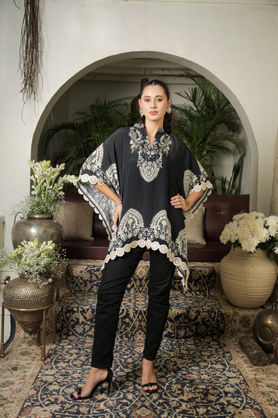 BLACK AND IVORY DIGITAL PRINTED KAFTAN TOP AND PANTS