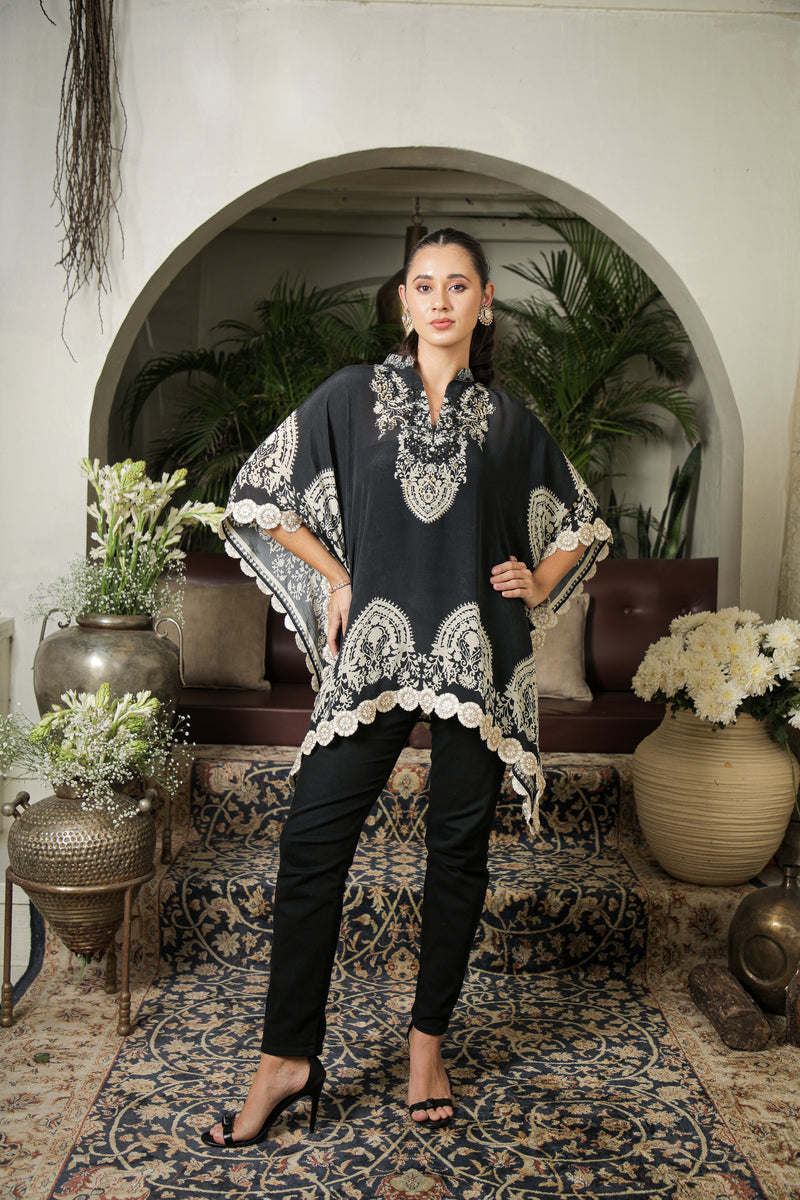 BLACK AND IVORY DIGITAL PRINTED KAFTAN TOP AND PANTS