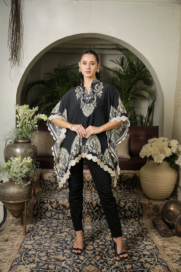 BLACK AND IVORY DIGITAL PRINTED KAFTAN TOP AND PANTS