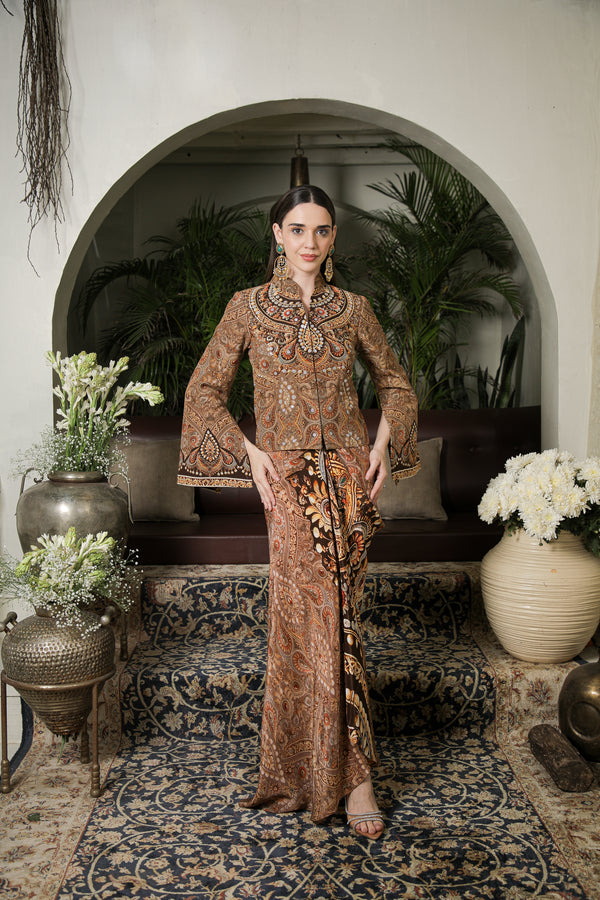 BROWN JEWEL PRINTED JACKET WITH DRAPE SKIRT