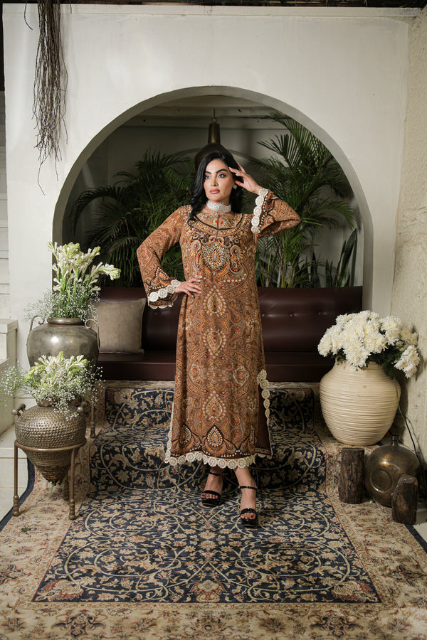 BROWN JEWEL PRINTED A-LINE LONG KURTA