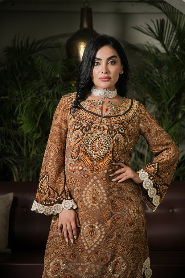 BROWN JEWEL PRINTED A-LINE LONG KURTA