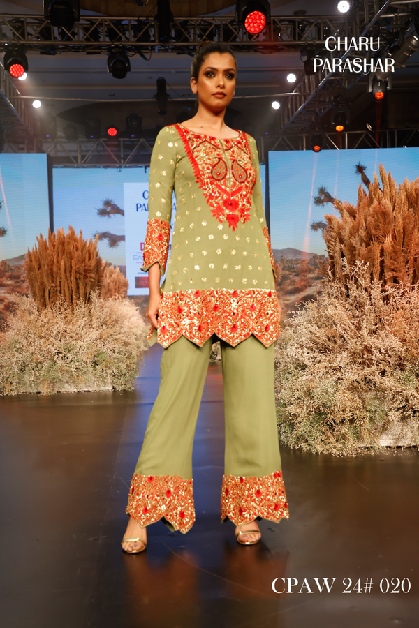 PISTA GREEN AND RED EMBROIDERED SHORT KURTI WITH PANTS